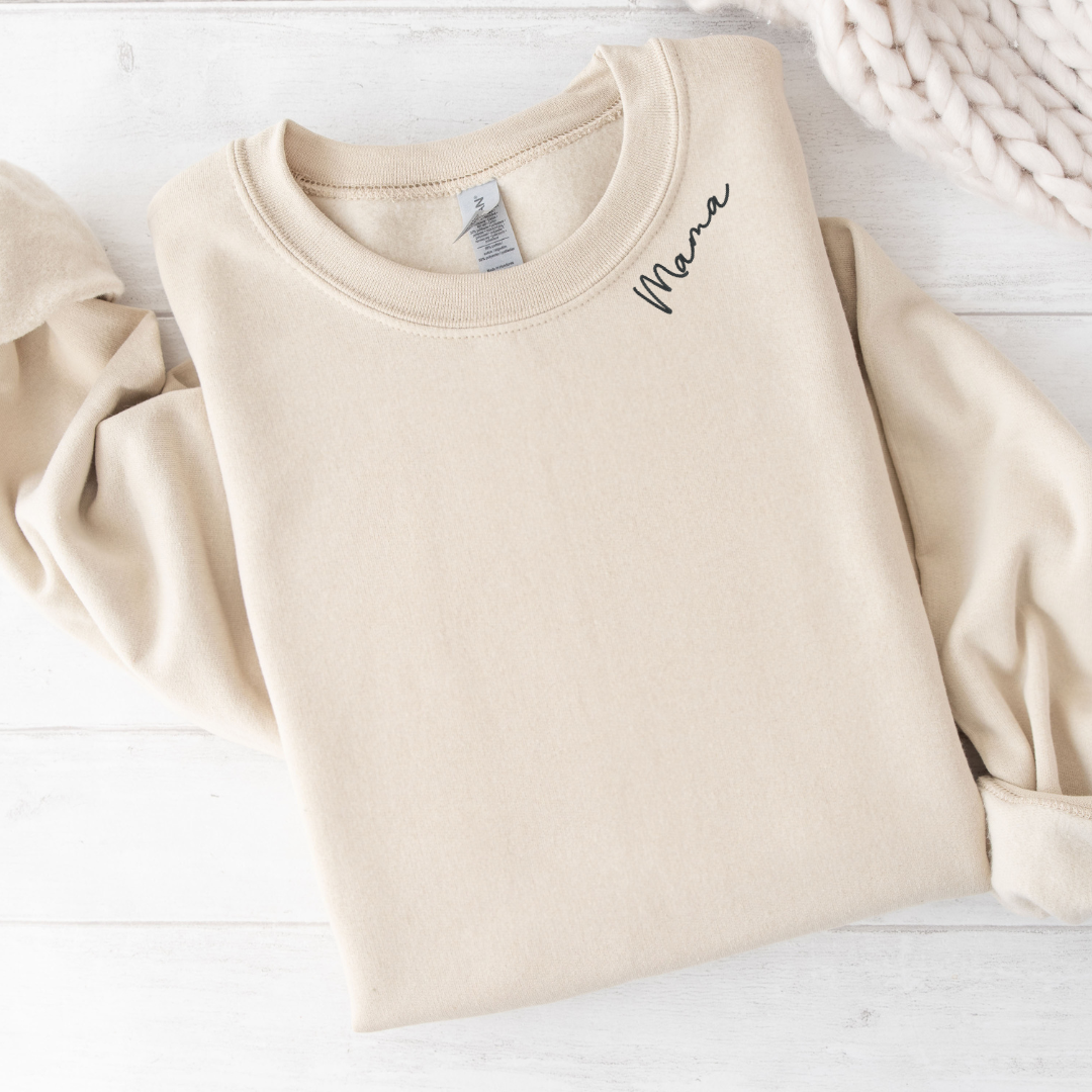 Mama Embroidered Sweatshirt, Custom Mama Shirt With Kids Names, Heart On Sleeve, Pregnancy Reveal Hoodie Gift For New Mom, Mother's Day Gift|New Mom Gift|Minimalist Cool Mom Sweater