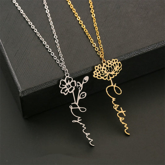 New Flower Name Letter Necklace Stainless Steel Pendant